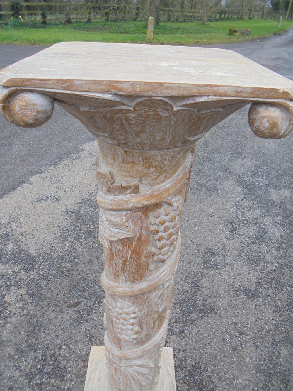 Limed carved wood column stand with vines grapes etc View VIII