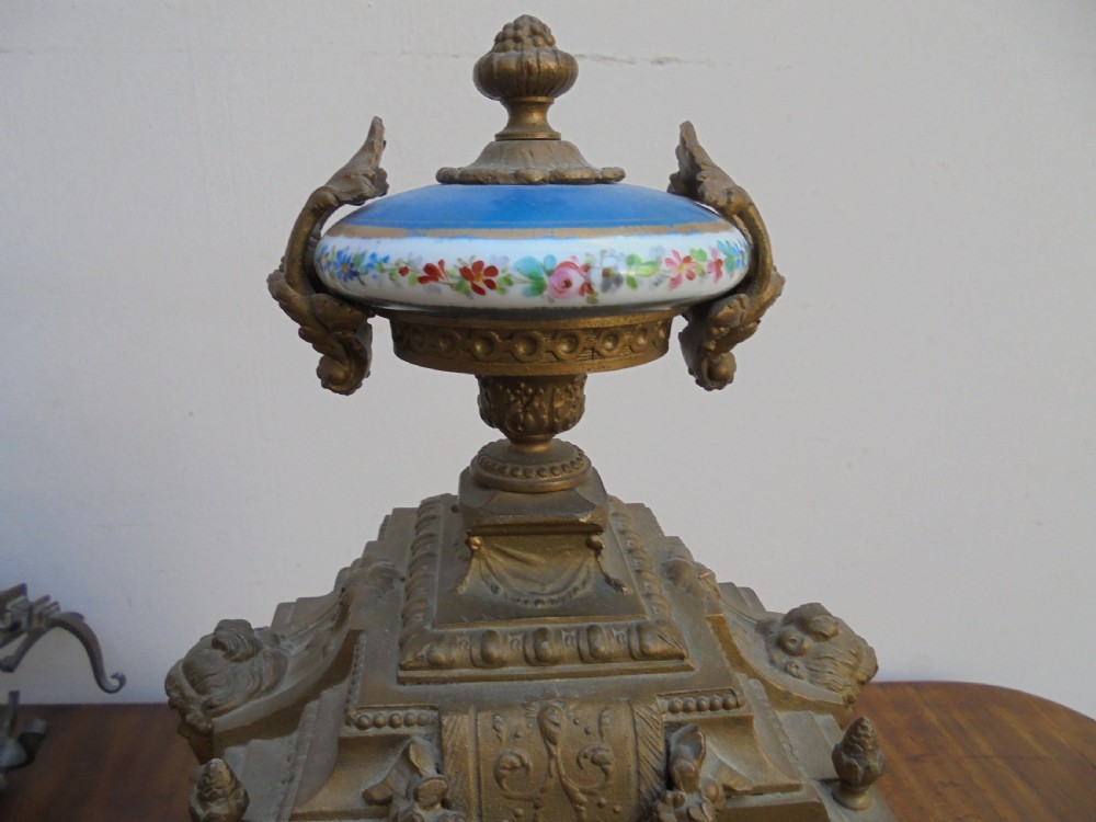French  19th century mantle clock Sevres panels View II