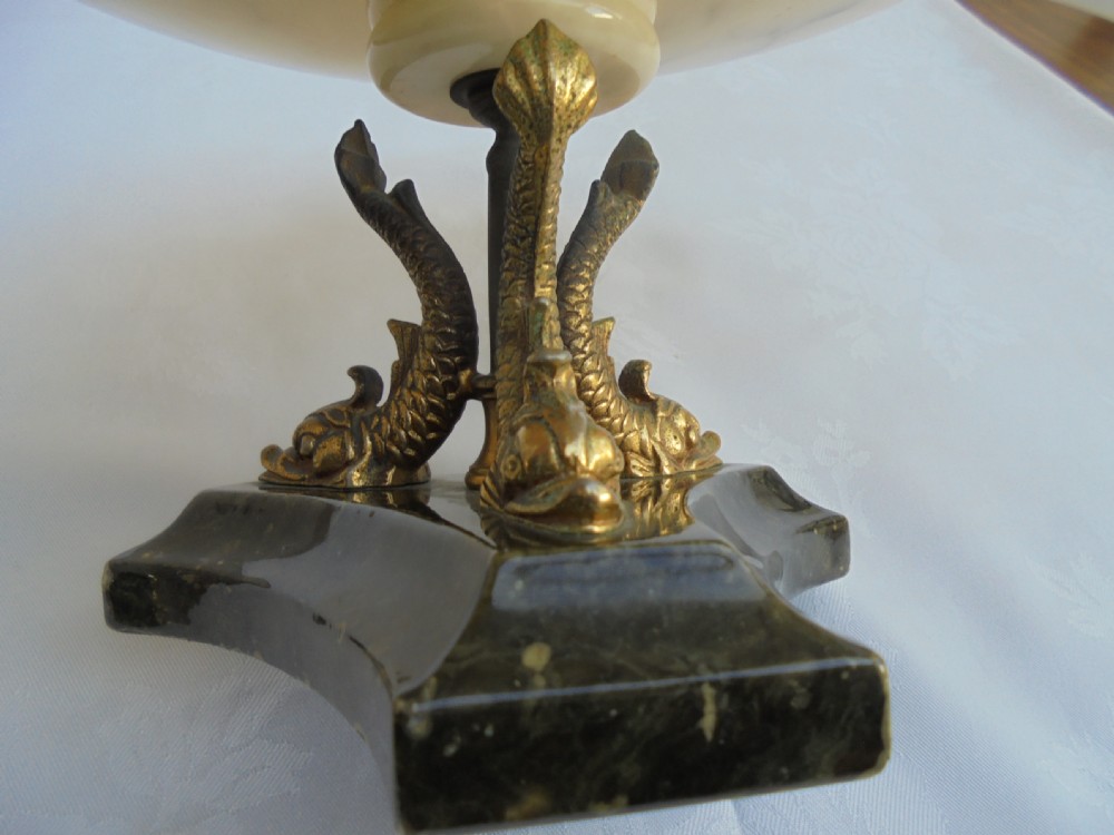 19th century marble Tazza fruit bowl supported by gilded Dolphins View IV