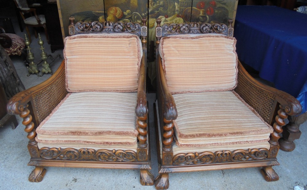 Pair of double Bergere  walnut armchairs