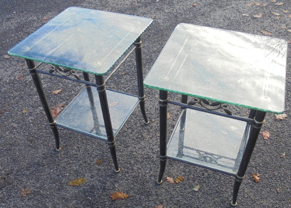 Pair of glass and iron side lamp sofa tables 