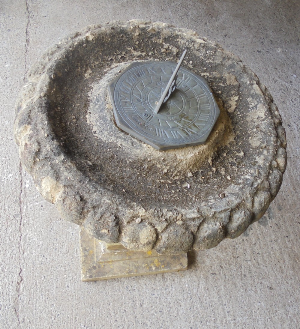 Well weathered  Somerset ham stone bird bath sundial View II