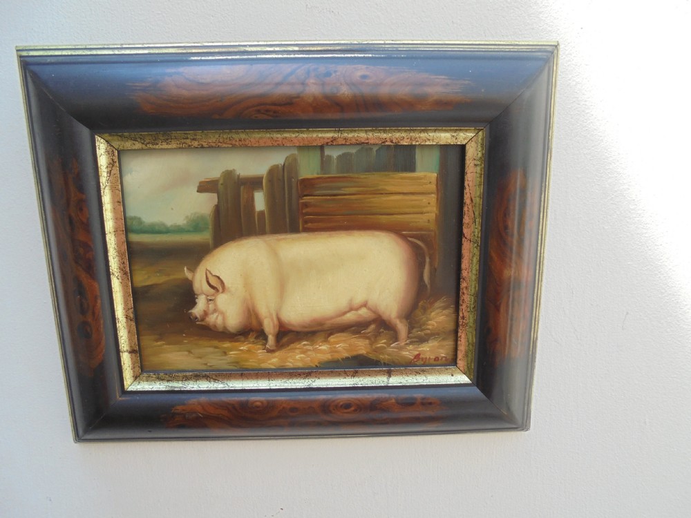 Small primitive framed oil painting of a pig signed Byron