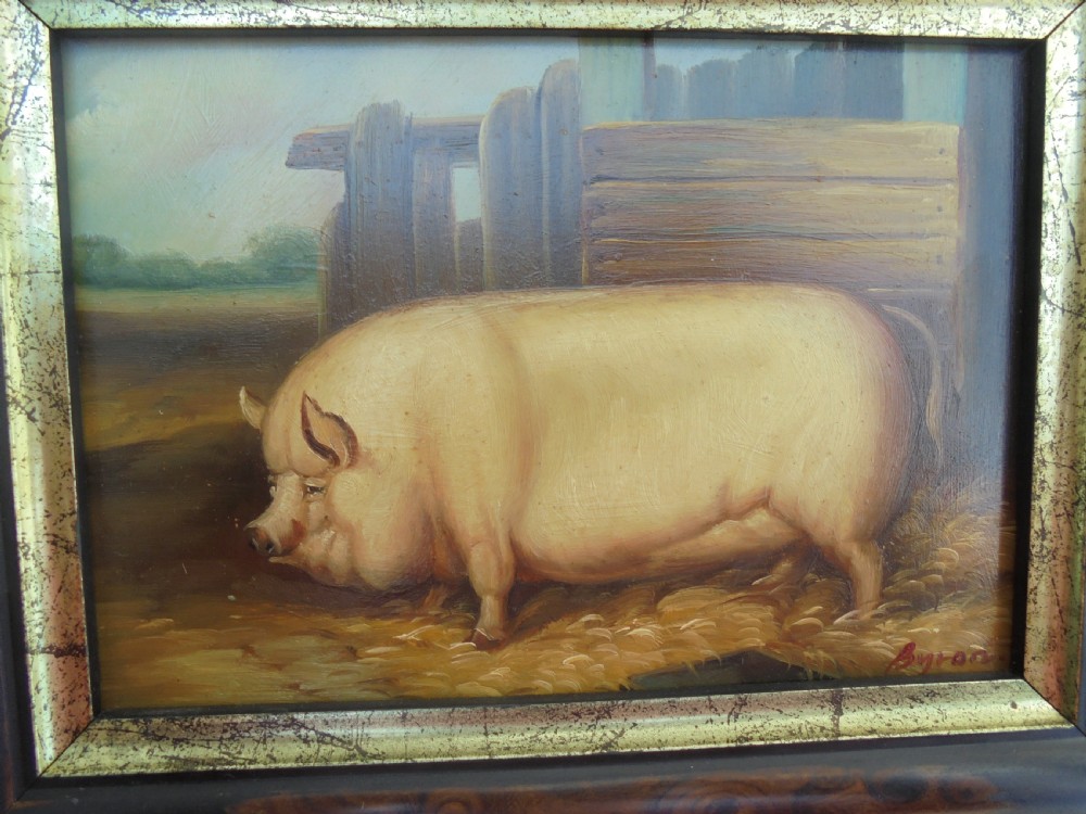 Small primitive framed oil painting of a pig signed Byron View II