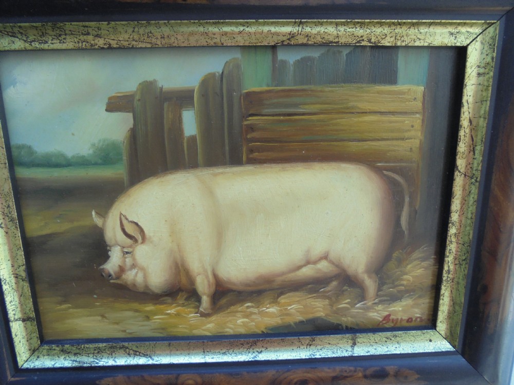 Small primitive framed oil painting of a pig signed Byron View III