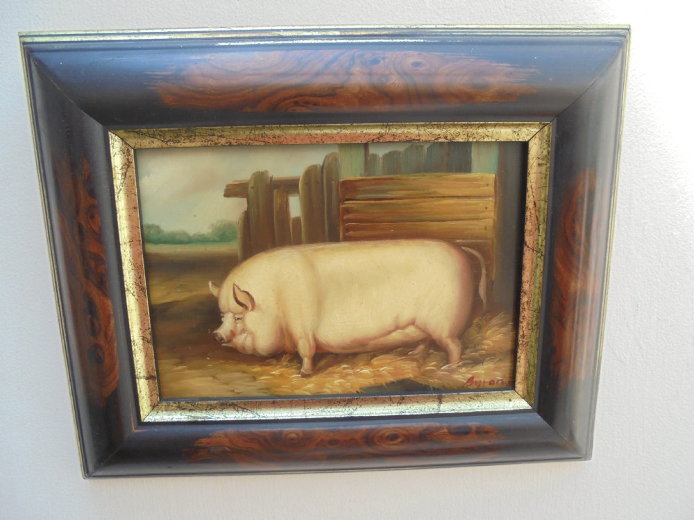 Small primitive framed oil painting of a pig signed Byron View IV