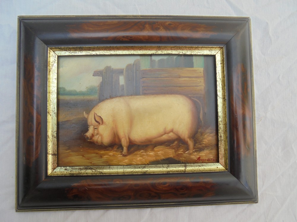 Small primitive framed oil painting of a pig signed Byron View V