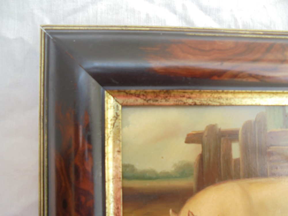 Small primitive framed oil painting of a pig signed Byron View VI