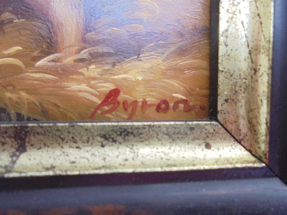 Small primitive framed oil painting of a pig signed Byron View VII