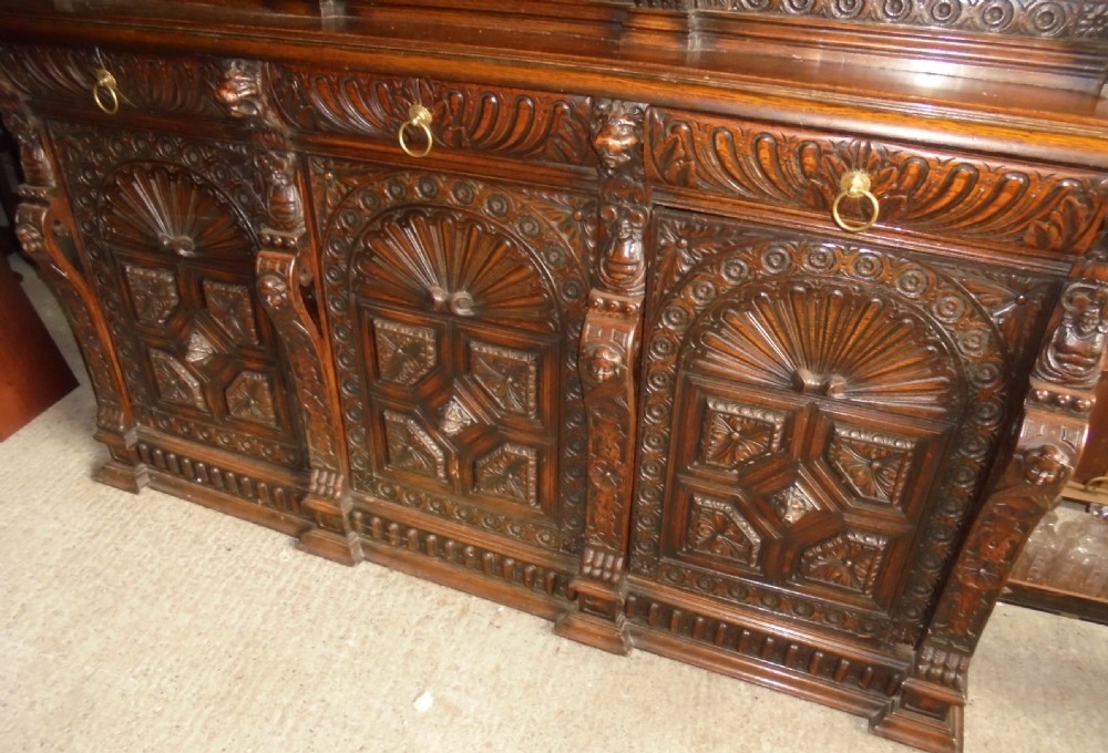19th century carved oak three door bookcase View III