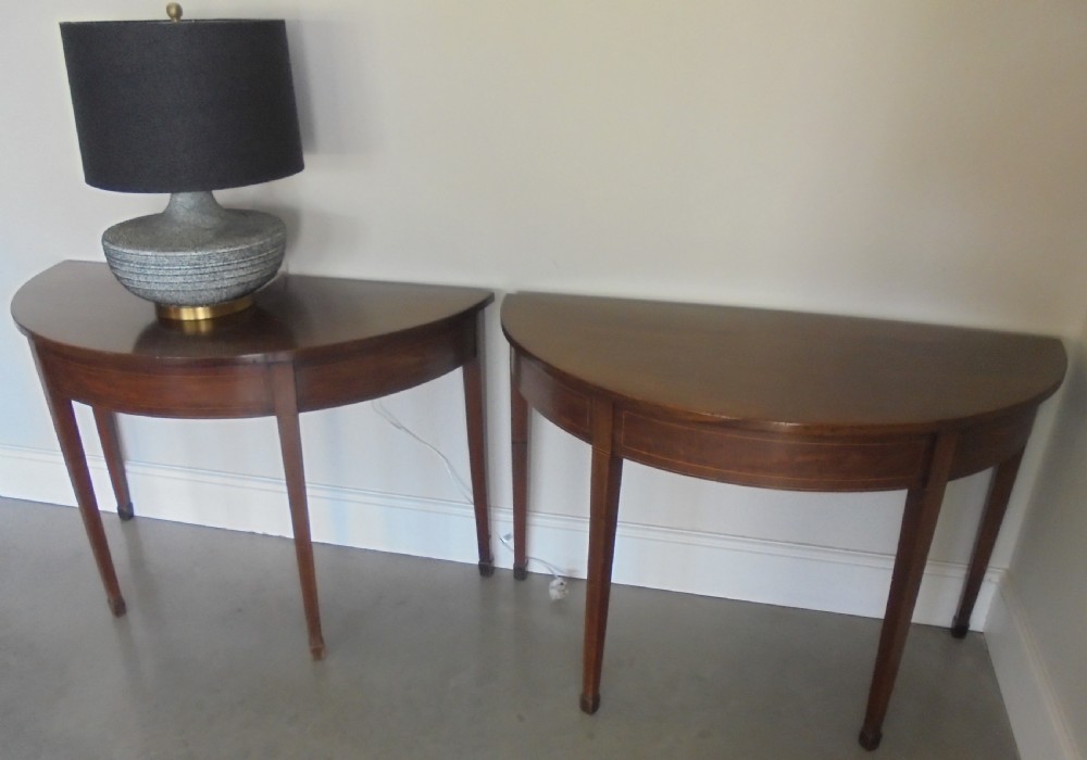 Pair 19th century demi lune console tables View III