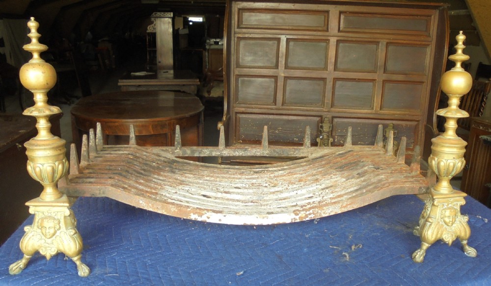 Victorian fire basket with brass andirons