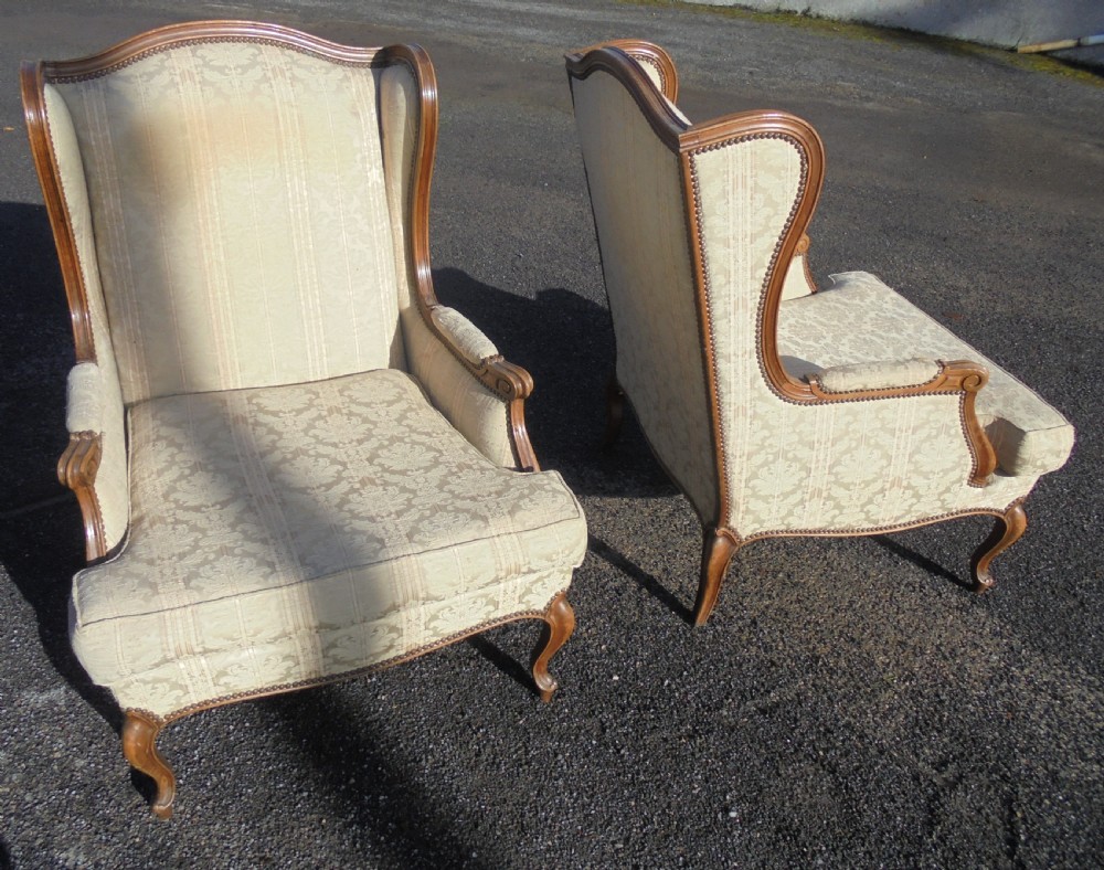 Pair French walnut wingback armchairs