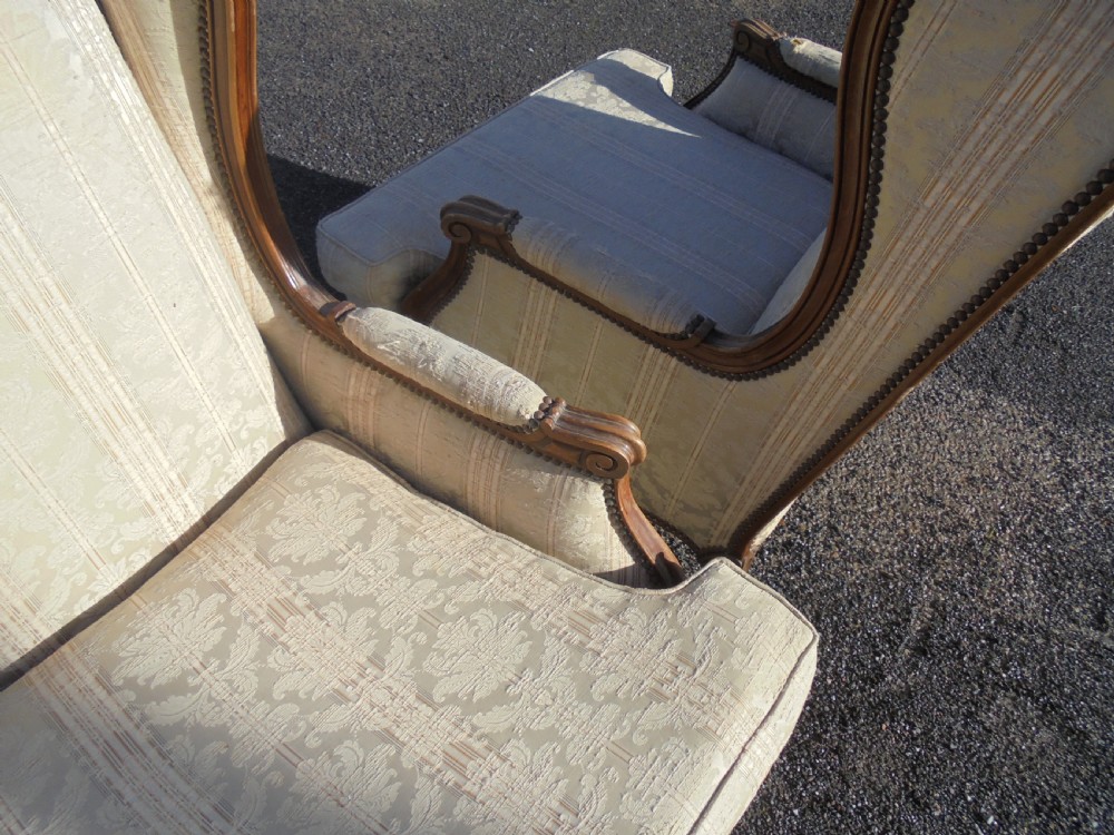 Pair French walnut wingback armchairs View II