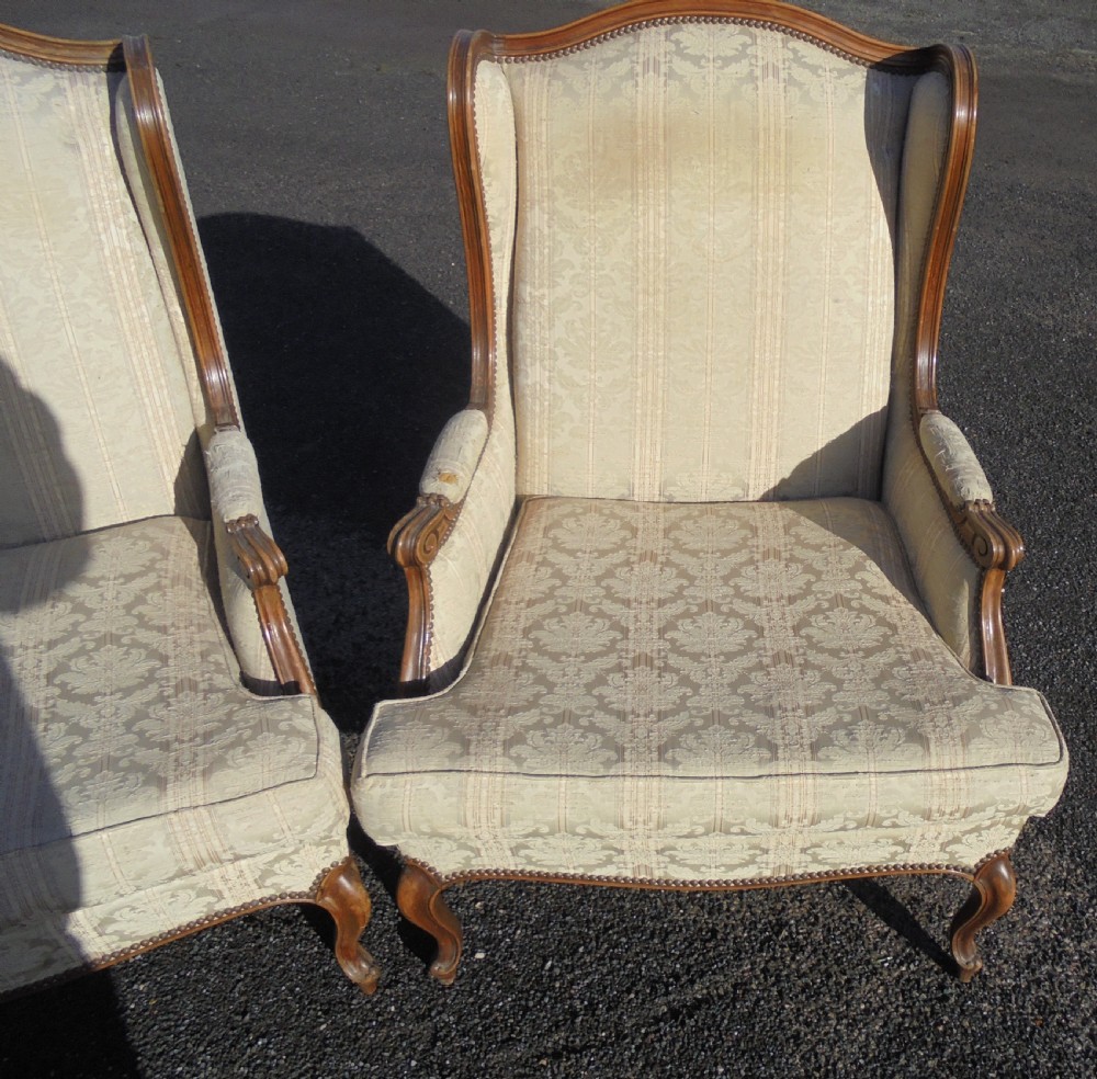Pair French walnut wingback armchairs View III