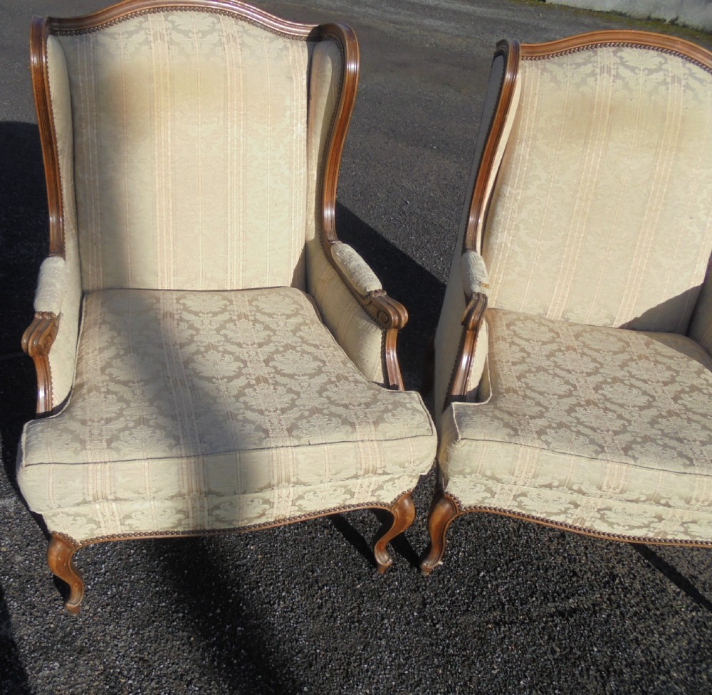 Pair French walnut wingback armchairs View IV