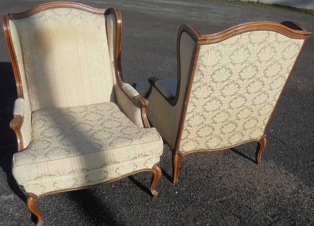 Pair French walnut wingback armchairs View VII