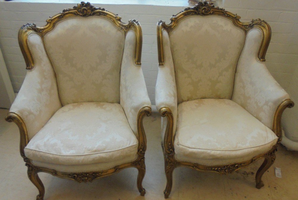 Pair French 19th century  gilded armchairs in Louis style