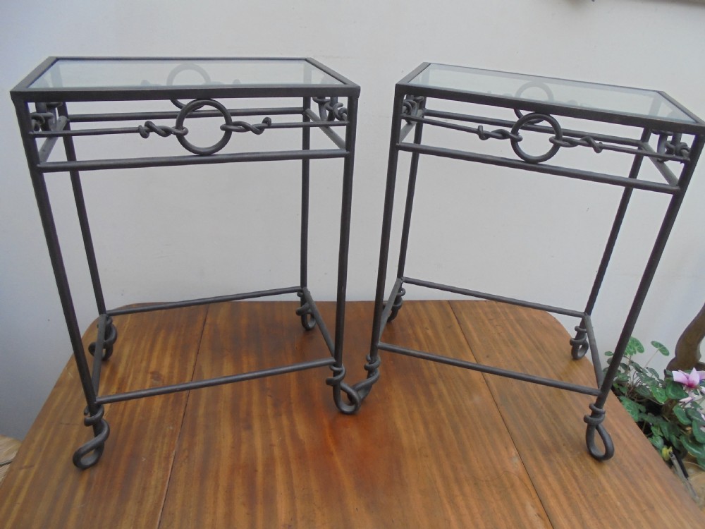 Pair  small glass top and iron  tables View II
