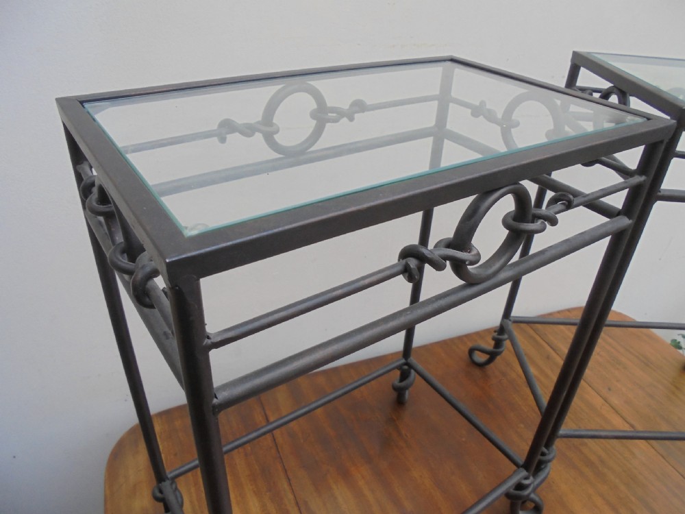 Pair  small glass top and iron  tables View III
