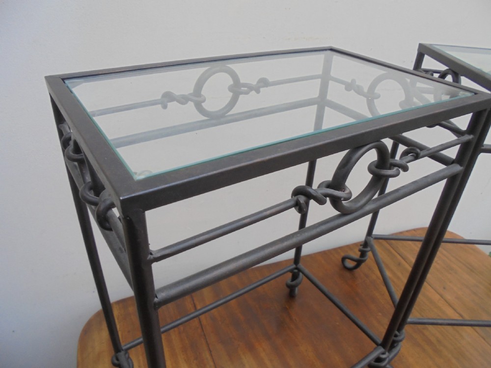 Pair  small glass top and iron  tables View IV