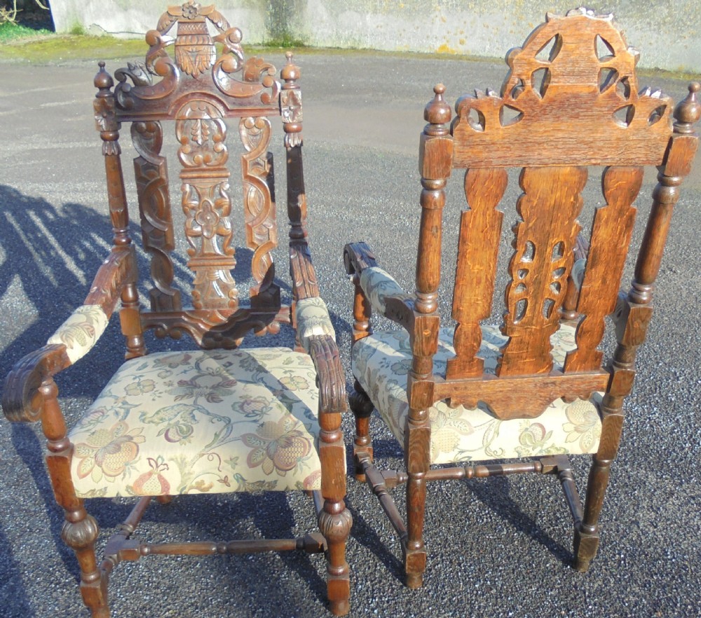Pair oak heavily carved large armchairs View II