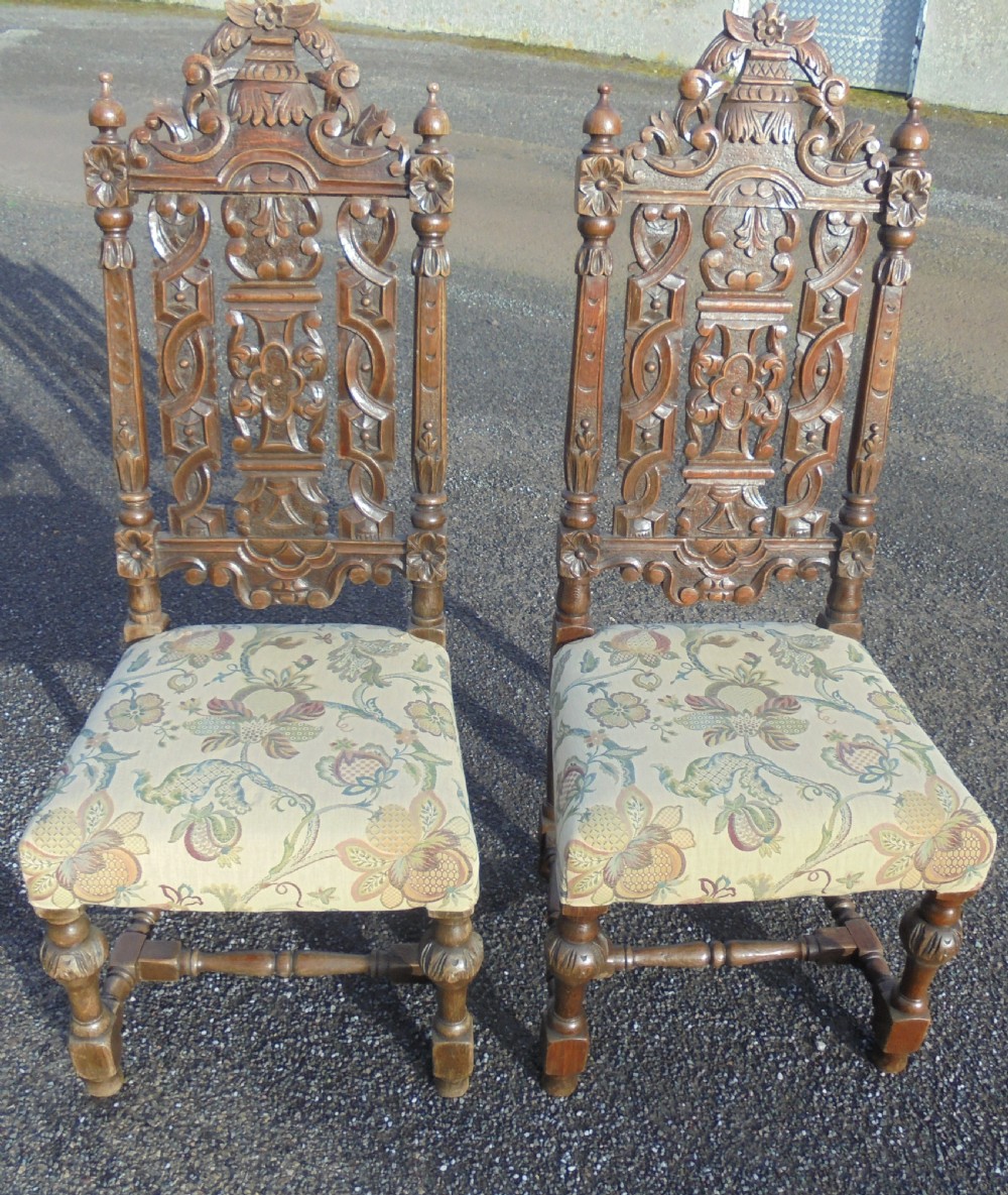 Pair Victorian high back carved oak hall chairs View II