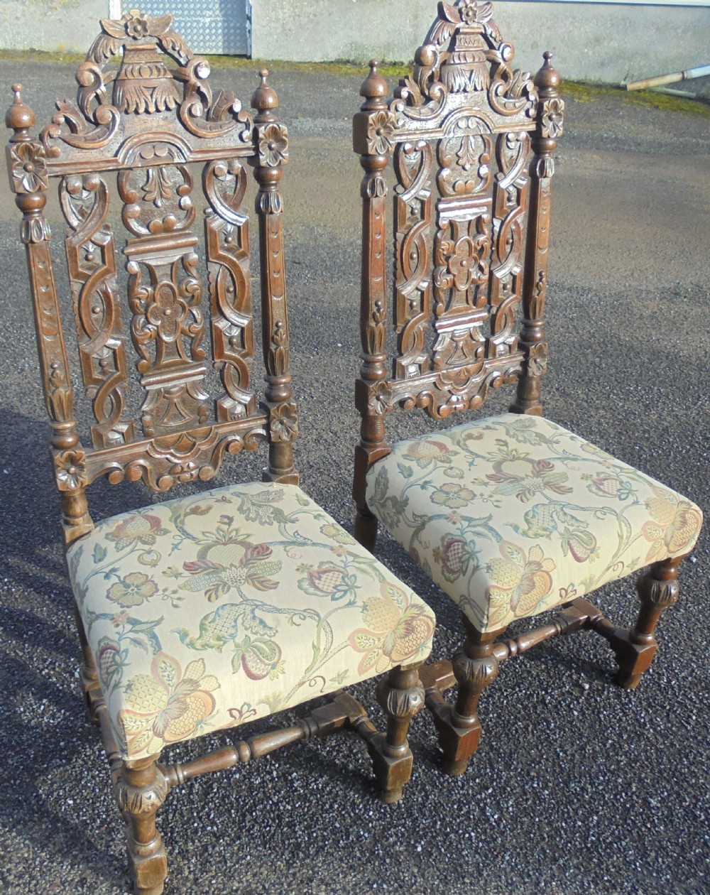 Pair Victorian high back carved oak hall chairs View V