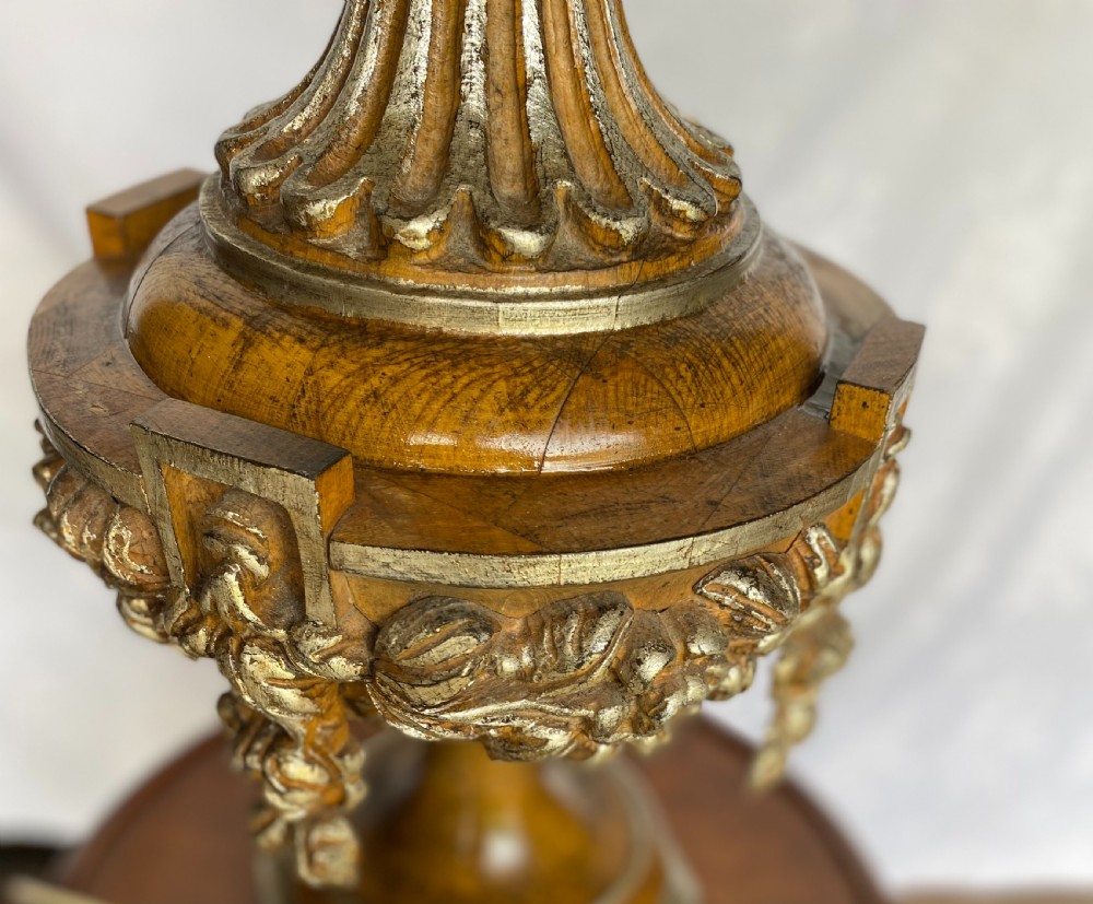 A tall carved walnut table lamp featuring an architectural column design with an Ionic capital, fluted shaft, carved urn base, and gold leaf highlights. View IV