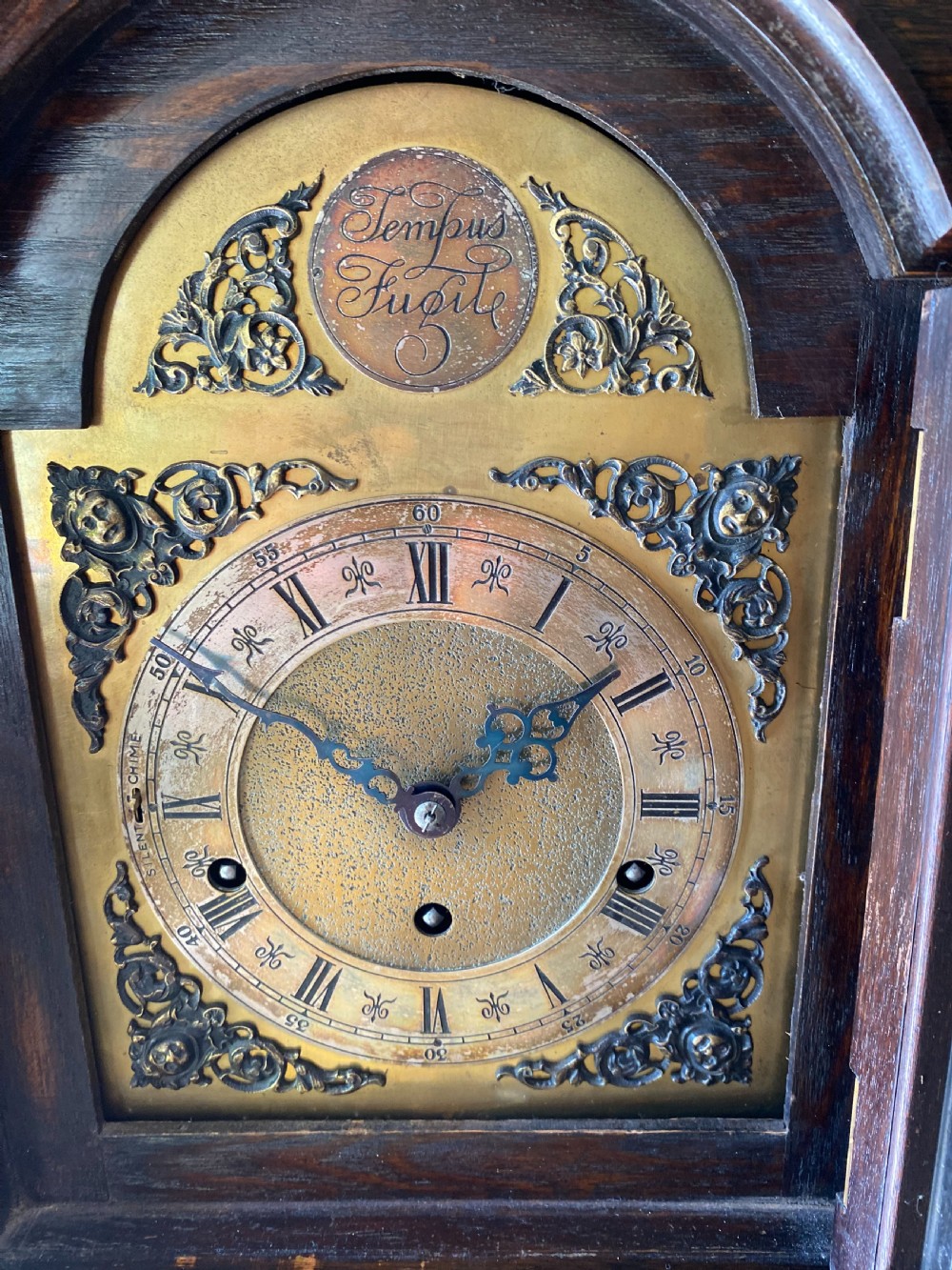 A dark oak Jacobean style grandmother clock featuring barley twist columns, geometric door panel mouldings, an arched hood, and an ornate brass dial. View V