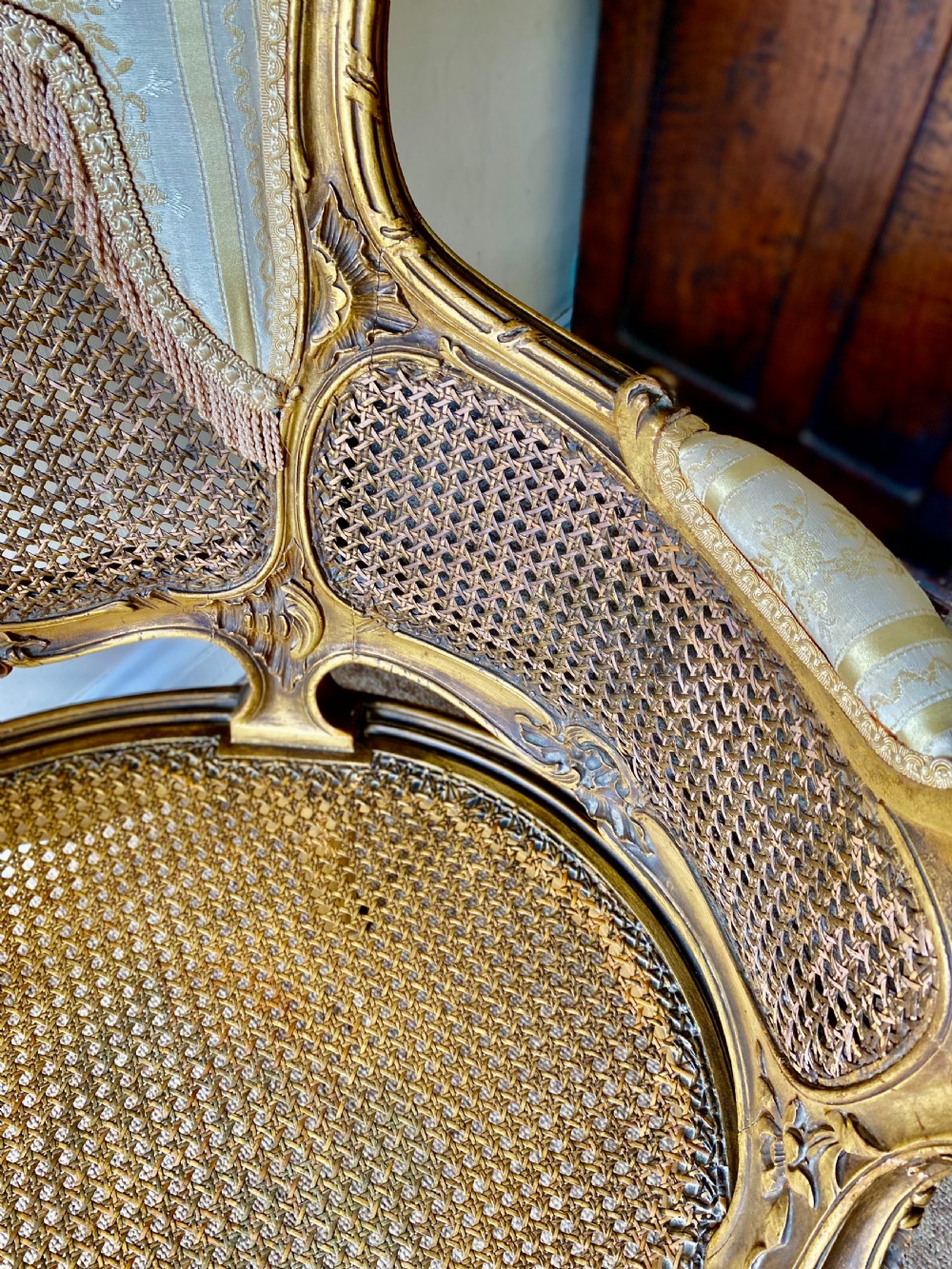 A 19th-century French giltwood bergere armchair featuring a carved ornate frame, woven cane seat and side panels, and a cream silk upholstered back section with tassel trim. View III