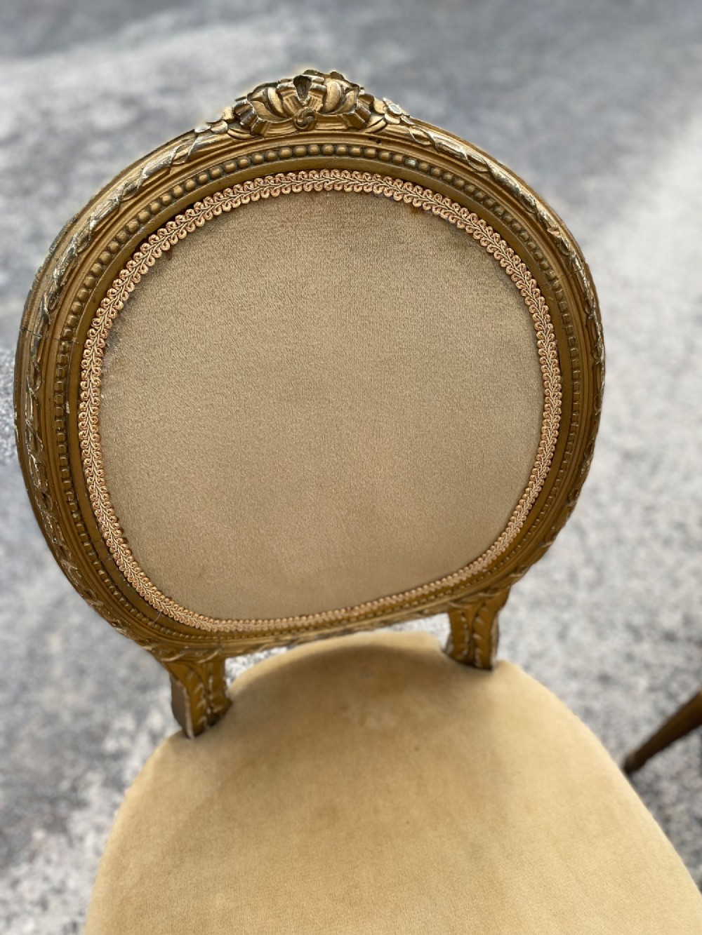 A set of four 19th-century French Louis XVI style side chairs featuring carved gilded wooden frames with oval medallion backs and beige velvet upholstery. View X