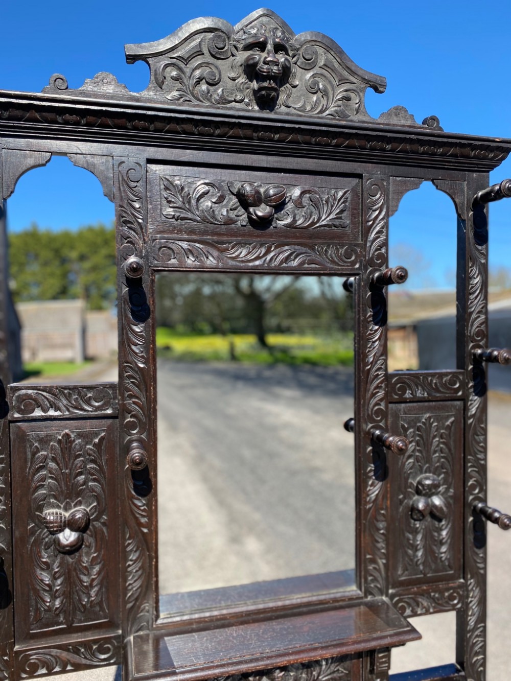 A dark carved oak Victorian hall stand featuring a central rectangular mirror, lion mask carvings, turned coat pegs, umbrella holders, and metal drip trays. View II