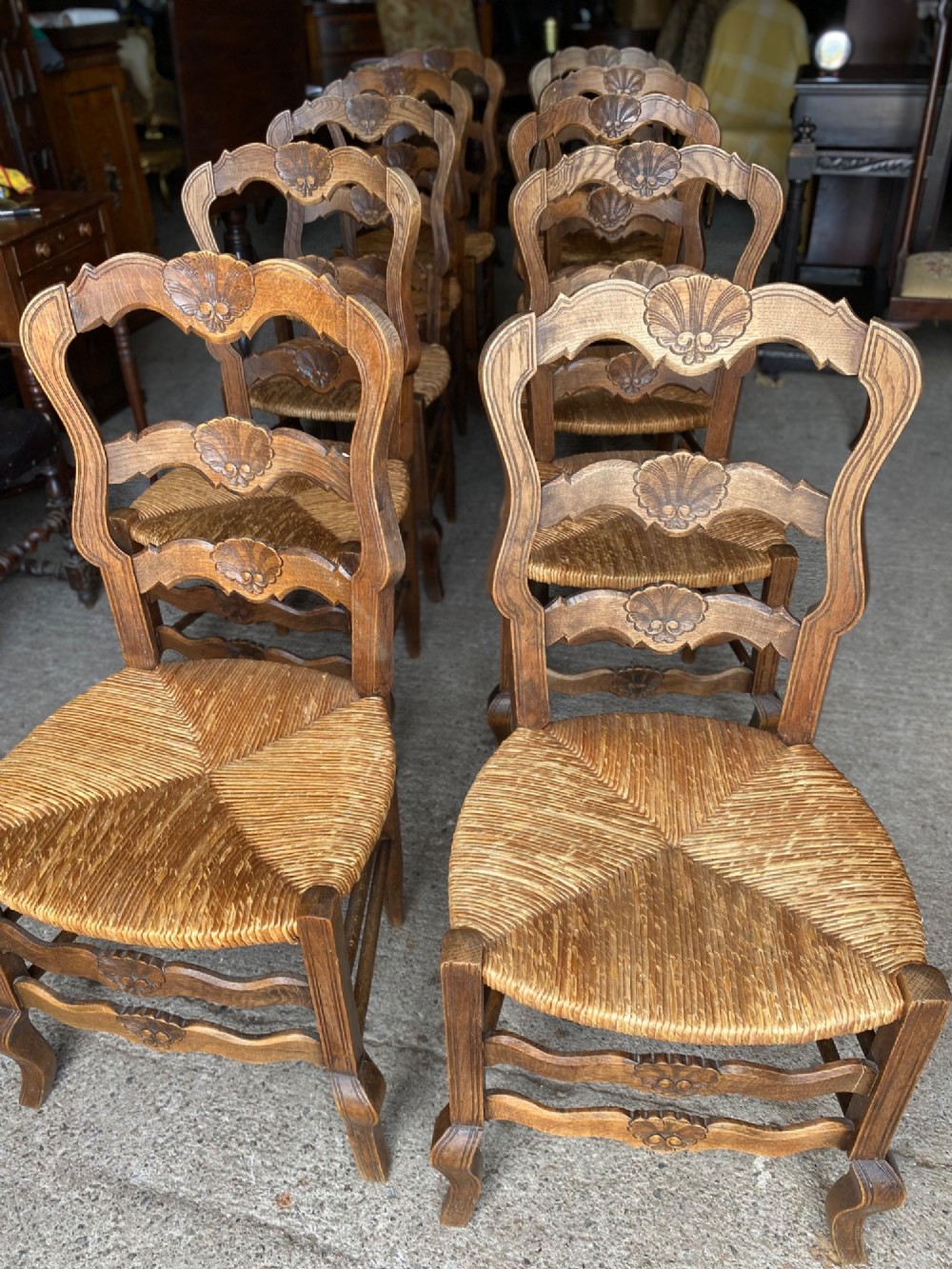 A set of French carved cedarwood dining chairs featuring ladderbacks with shell motifs and natural woven rush seats.