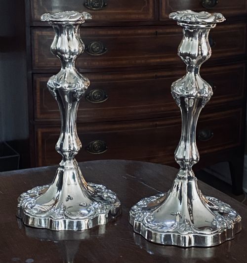 Pair of Antique Rococo Style Silver Plated Candlesticks. Circa 1880