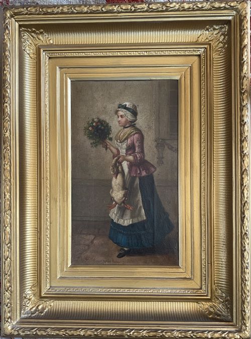 Oil on Canvas of Young Woman with Flowers and a Duck. 19th Century.