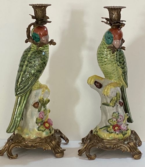 Pair of Ricocco Style Parrot Candlesticks