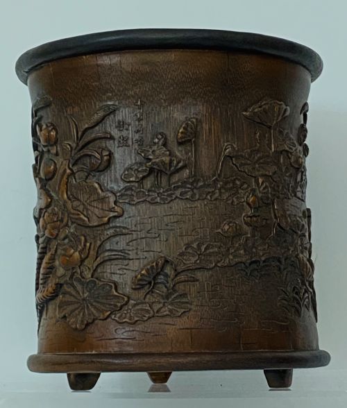 Chinese Carved Wooden Brush Pot . Circa 1900