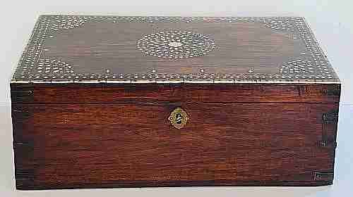 Very Large Teak and Bone Inlaid Cigar Box. Circa 1900