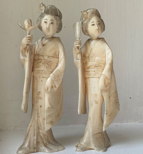 Pair of Meiji Period Ivory Geisha Girls 