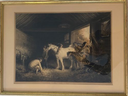 Watercolour of a Stable Interior with Horses.19th Century