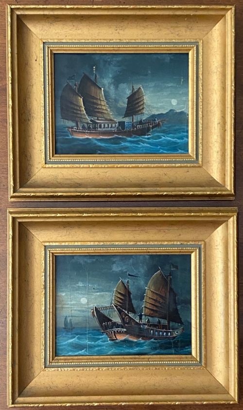 Pair of Chinese 19th Century Paintings of Junks in the Moonlight