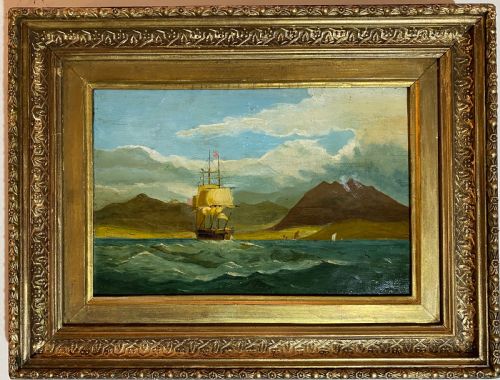 19th Century Oil on Canvas of Moored Frigate
