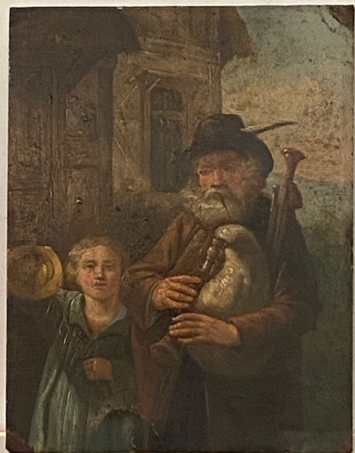 Oil on Tin of Bagpiper with Child, Circa 1820