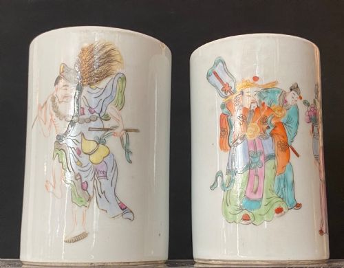 Pair of Chinese Famille Rose Brush Pots