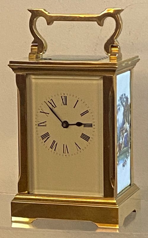 French Brass Carriage Clock with Enamelled Decoration