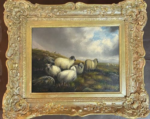 19th Century Oil on Canvas of Grazing Sheep.