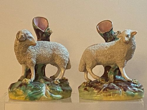Pair of Staffordshire Sheep Posy Vases