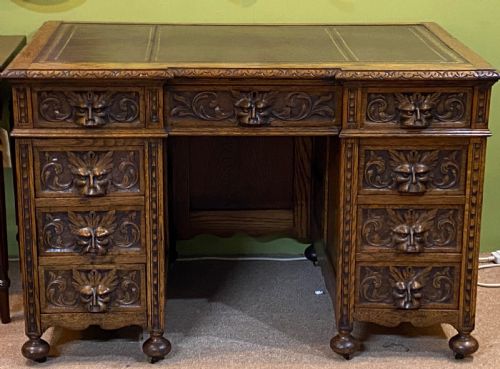Antique Oak "Green Man" Twin Pedestal Desk
