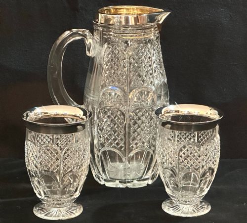 Cut Crystal and Silver Water Jug  with Two Glasses